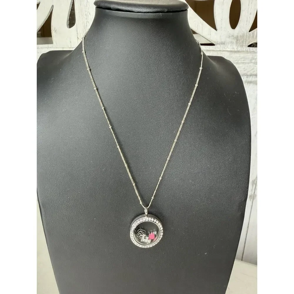 Origami Owl Silver Locket w/ Crystals Flower “F” Heart Charms and Necklace Set